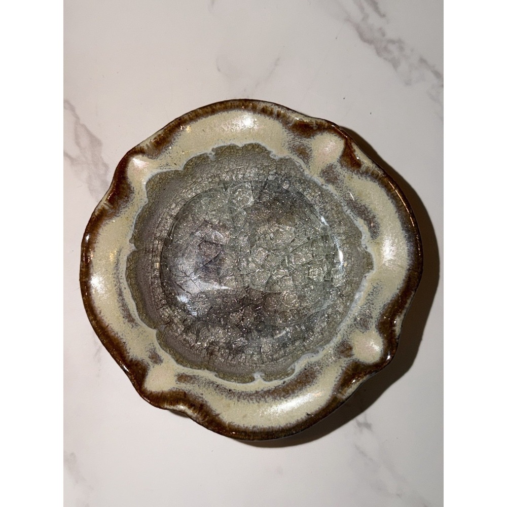 Vintage USA Studio Pottery Stoneware Scalloped Trinket Bowl Glaze Art Pottery 4"